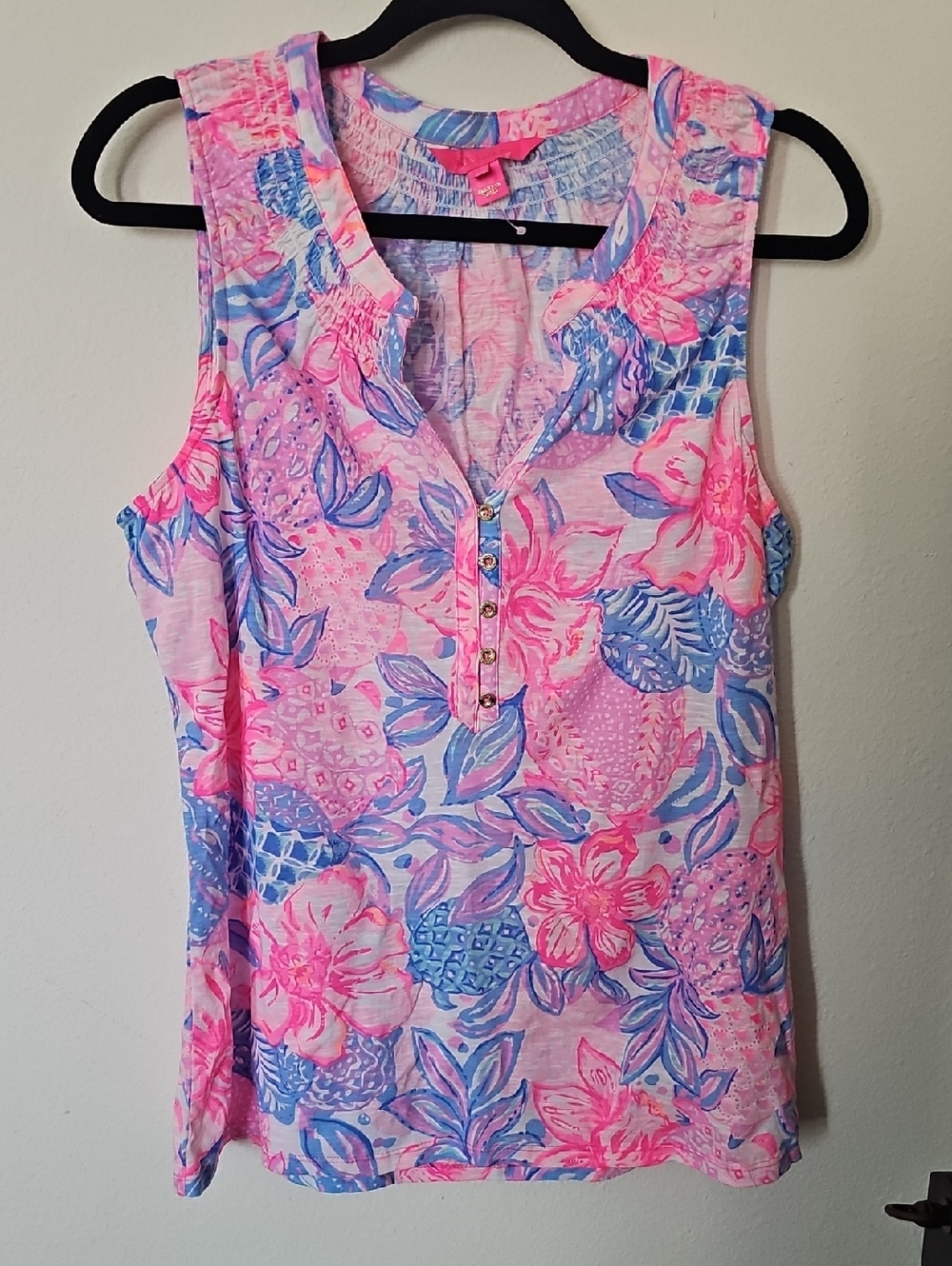 Lily Pulitzer Sleeveless Floral Henley Top - Pink & Blue
